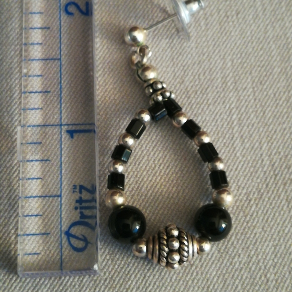 Black Onyx & Silver Bead Loop Earrings - Picture 4 of 4